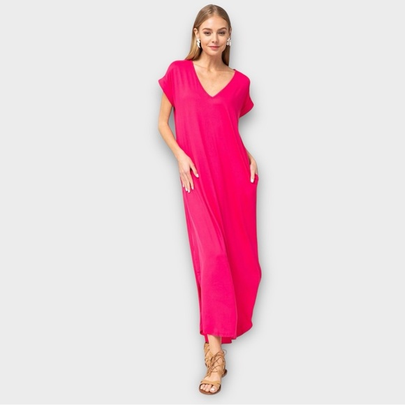 Jess Lea Casual Loose Fit Short Sleeve V-Neck Split Hem Maxi Dress Pink Large - Picture 1 of 10